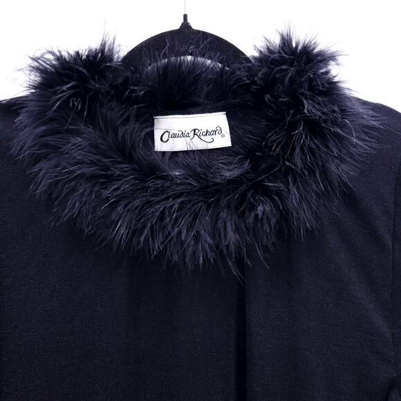 VINTAGE Black Feather Collar‎ Black Long Sleeve Top Sz M - Picture 1 of 4